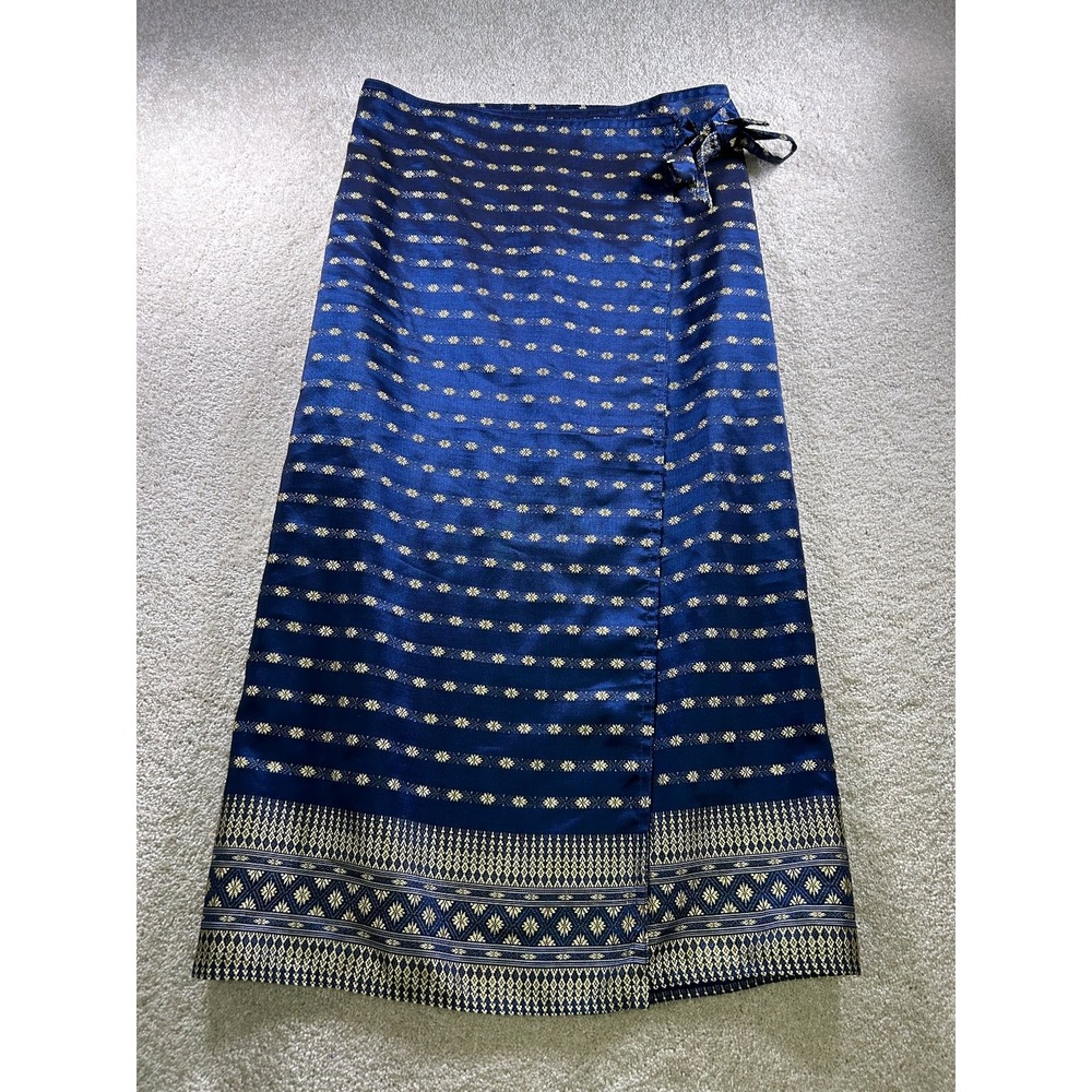 Mango Women's Blue Gold Patterned Wrap Skirt‎ Size 30 Satin